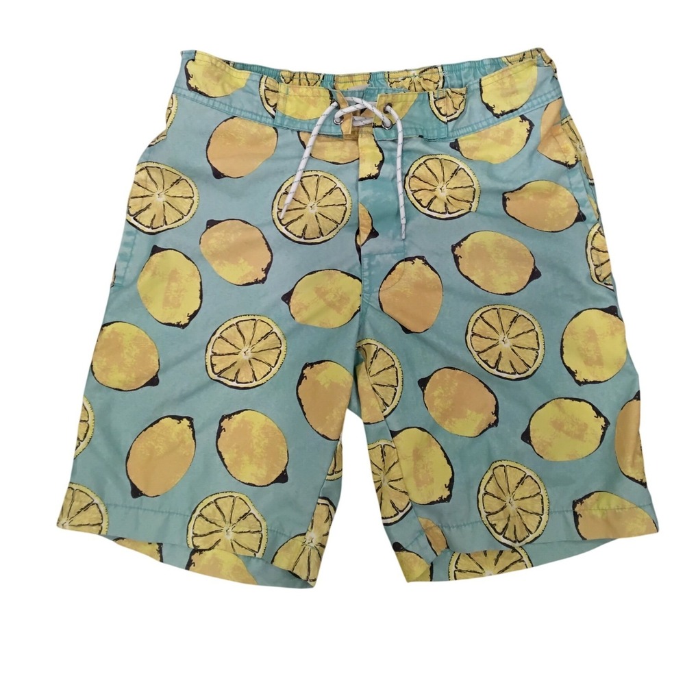 St Johns Bay Mens Lemon Print Swim Trunks Teal Blue Mesh Lined Board Shorts S